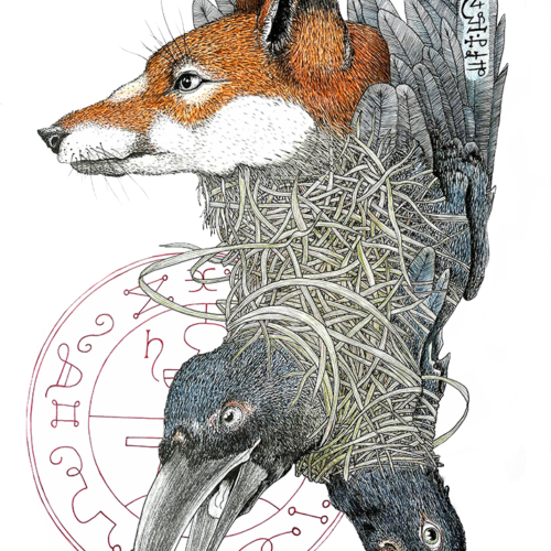 Drawing of a fox and crows